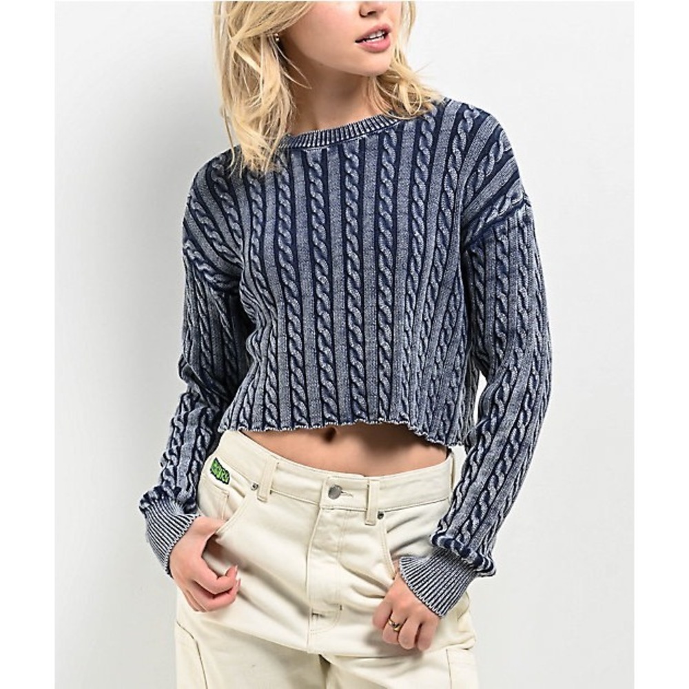 Cali 1850 Los Angeles Women Blue Acid Wash Cable Knit Cropped Sweater Size M